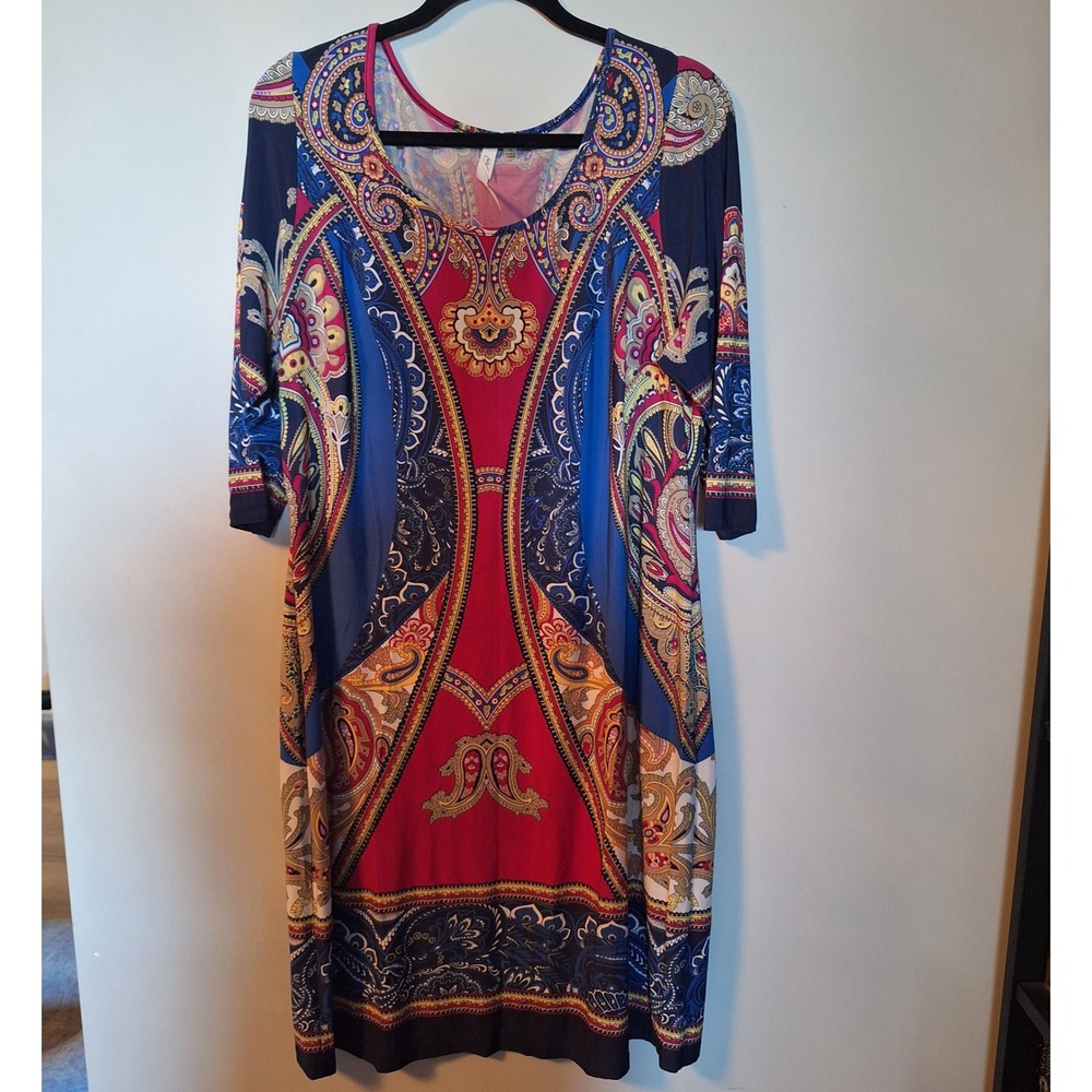 NY Collection Woman Paisley Print Sheath Dress Red Blue 3/4 Sleeve Plus Size 1X